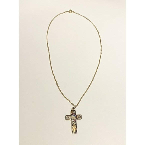 Vintage Double Sided Cross Floral Design With Gold Toned Chain - Picture 1 of 3